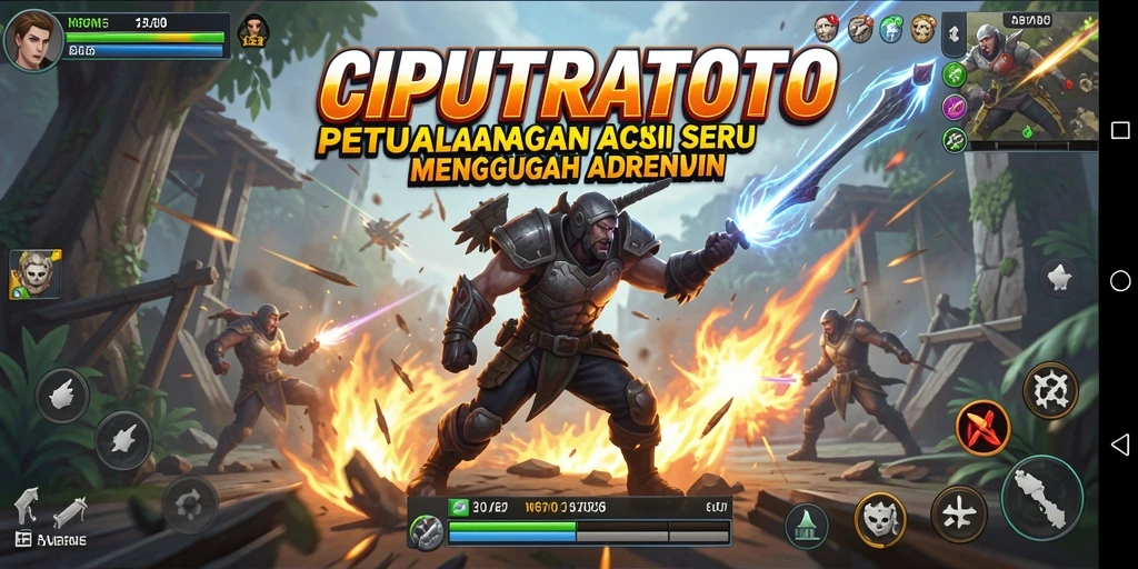 Screenshot permainan CIPUTRATOTO menampilkan aksi mendebarkan di tengah medan perang.