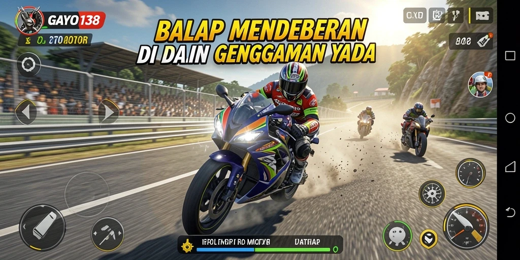 Screenshot GAYO138 menampilkan aksi balapan motor yang seru.
