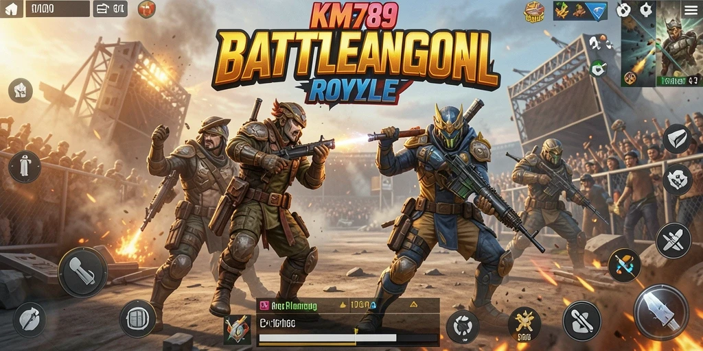 Screenshot gameplay KM789 menampilkan aksi seru dalam pertempuran Battle Royale.