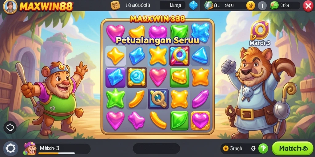 Screenshot gameplay <strong>MAXWIN88</strong> yang menampilkan puzzel Match-3 yang seru.