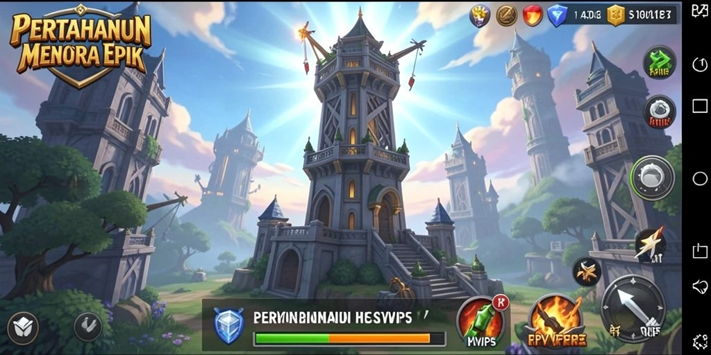 Screenshot gameplay Tower Defense RPVIP5 menunjukkan pertahanan menara yang dinamis.