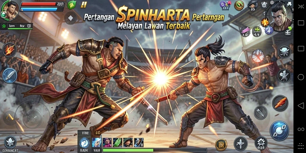 Tampilan gameplay SPINHARTA dengan aksi pertarungan yang mendebarkan.