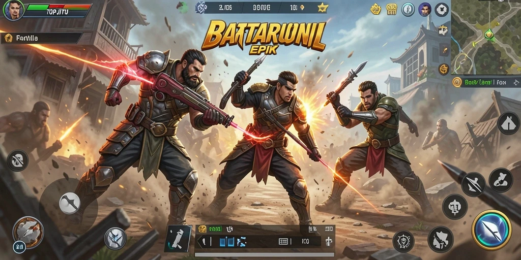 Screenshot gameplay menunjukkan aksi pertempuran seru dan strategi tim.